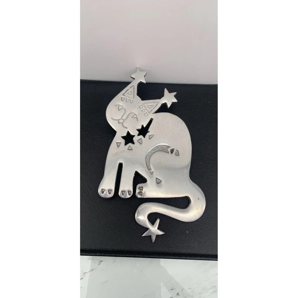 Vintage Handmade Artisan Large Silver Tone Cat Cat Lovers Celestial Brooch